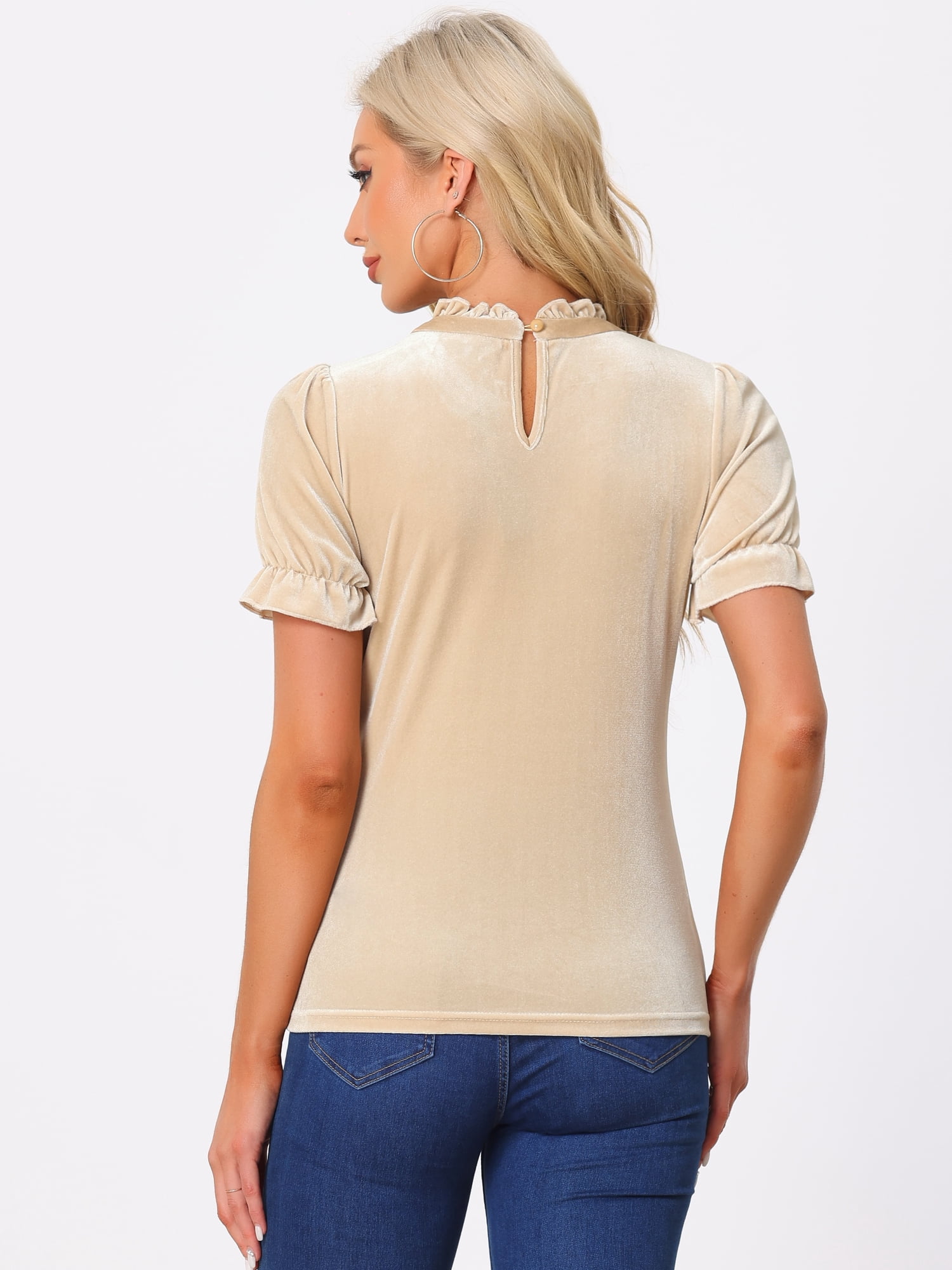 DARING DIVA Women's Ruffle Collar Shirt Velvet Tops Blouse M Khaki