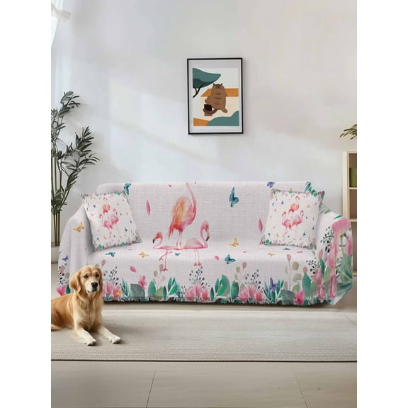 Pink Flamingo Couch Cover, Tropical Botanical Summer Flower Rustic Sofa Cover Blanket for Loveseat Couches, Sectional Sofa Slipcover Furniture Protector for Living Room Bedroom 71''x118''