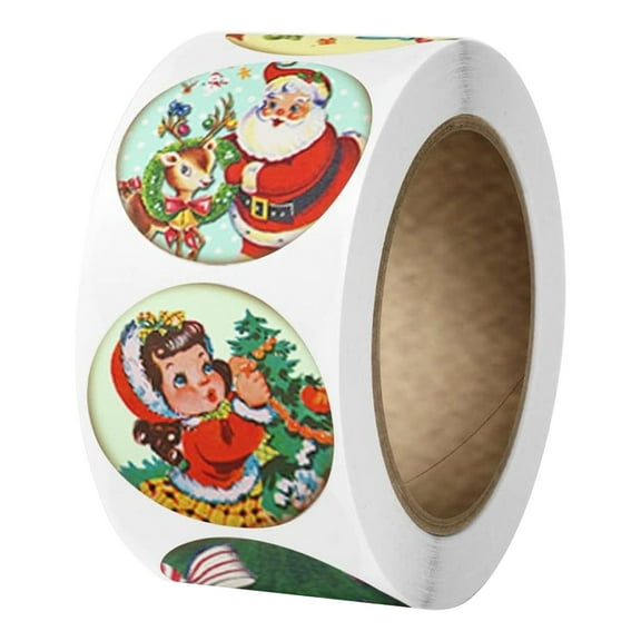 ZLBDYG Vintage Christmas Stickers Roll - Merry Xmas Santa Winter Holiday Themed Round Label Tags for Decorating Gift Boxes, Cards, Envelopes and Seasonal Scrapbooking Projects