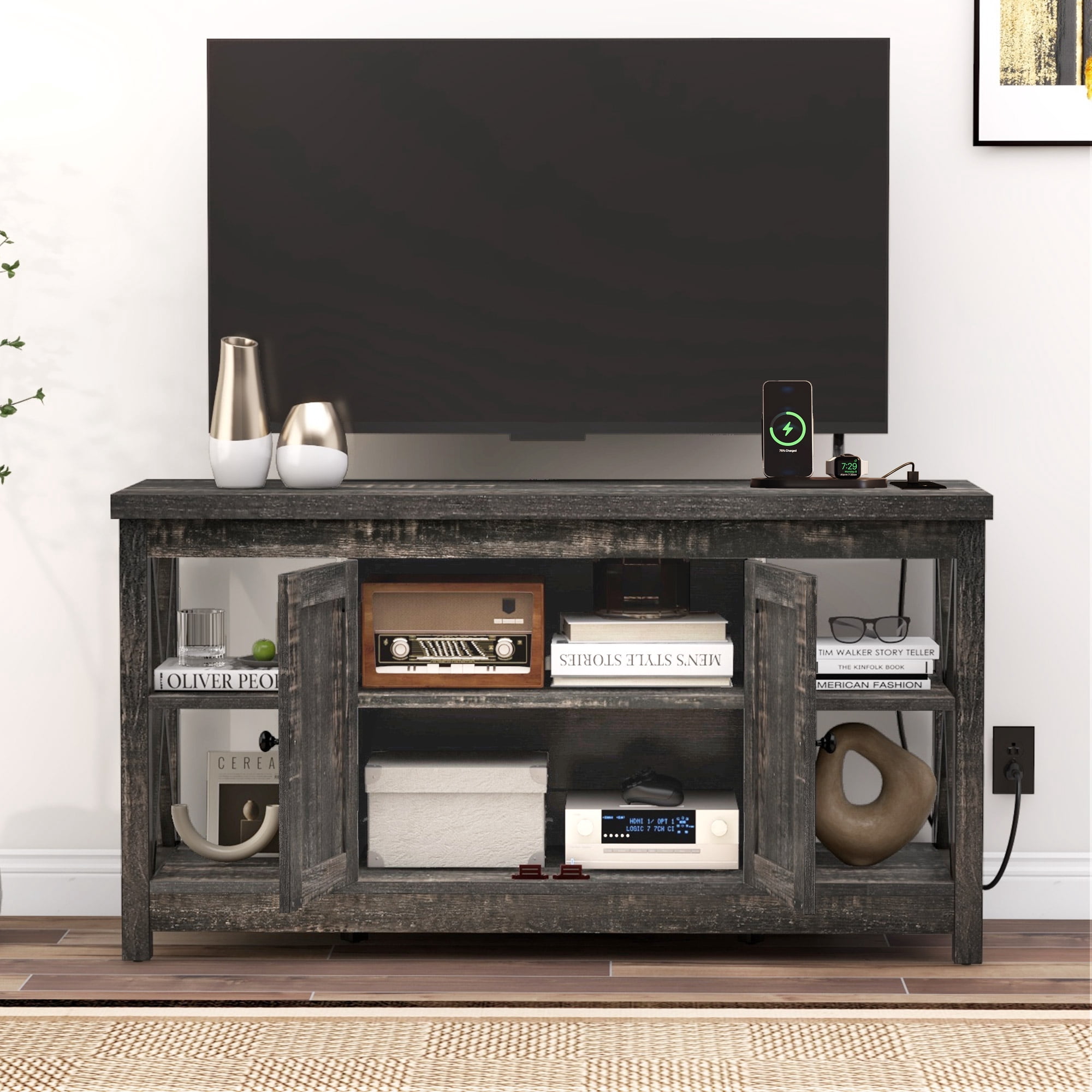 Uforic Farmhouse TV Stand with Built in Power Outlet for TVs up to 55", Wood TV Media Console, Rustic Oak