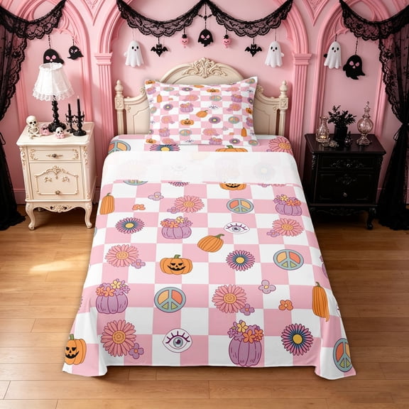 Feelyou Boho Pumpkin Daisy Twin Sheets, Hippie Buffalo Plaid Bedding, 3-Piece, 1 Flat Sheet, 1 Fitted Sheet and 1 Pillowcase