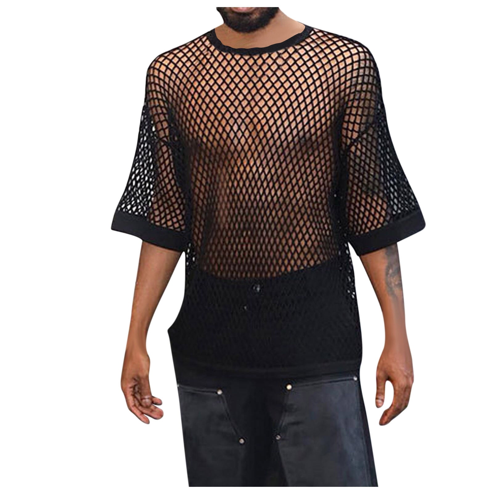 ZXHACSJ Men Fishnet Shirt Mens Fishnet Top Mesh Transparent Muscle T-Shirt  Net Undershirt Top Black XL