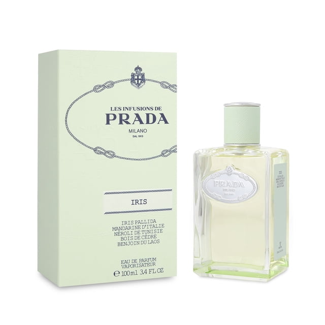 prada infusions iris 100 ml edp spray prada prada milano infusion diris edp spray dama 3.4 oz Vista frontal de la botella de 100 ml Prada Infusions Iris y su caja rectangular pistacho pálido; botella de vidrio clara con líquido amarillo pálido, tapa cilíndrica texturizada en verde y etiqueta oval plateada con logo, caja con texto PRADA Milano en azul marino; a menudo usada como opción de regalo elegante para ocasión formal.