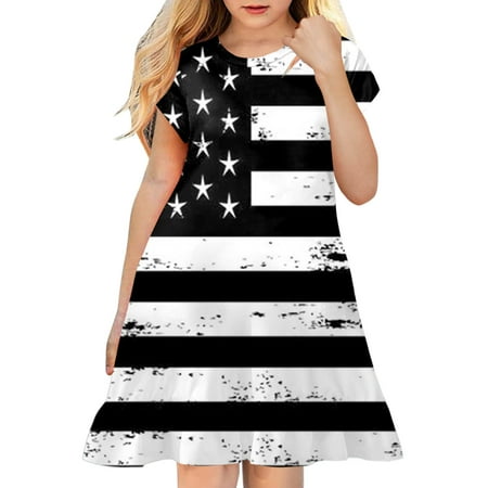 

TAIAOJING Toddler Summer Dresses for Girls Kids Girl Fourth Of July Independent Day Star Stripes Prints Short Sleeves Party Princess Dress