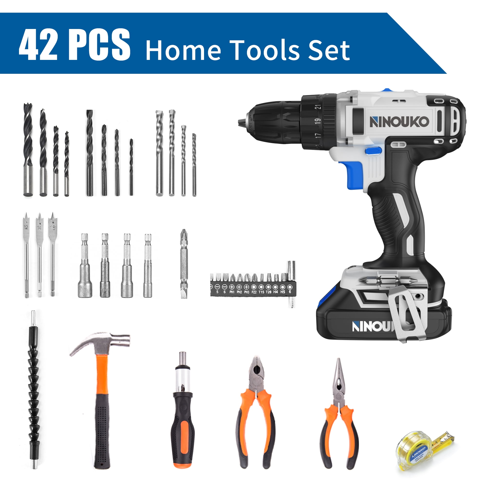 Ninouko 20-Volt Cordless Electric  1/2-inch Drill and Impact Driver Combo Kit  2Ah Lithium-Ion Battery