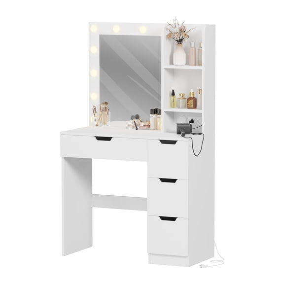 Make up Vanity Desk with Mirror and Power Outlet, Vanity with 3 Color Light Options Adjustable Brightness,Vanity Desk with 4 Drawers, for Small Space and Makeup Studio