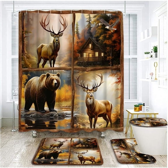 4 Piece Rustic Cabin Bear Moose Shower Curtain Set with Rugs, Toilet Lid Cover , Autumn Forest Animal Woodland Montains Hunting Lake Wildlife Nature Vintage Wood Bathroom Shower Curtain with Hooks