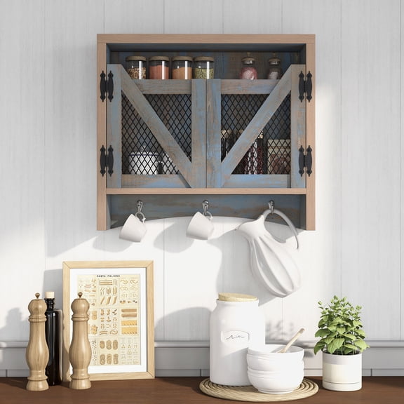 Hugo Wood Distressed Blue Wall Storage Organizer with Key Hooks