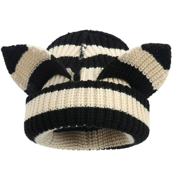 qolati Winter Knit Beanie Hat for Women Cute Ears Windproof Elastic Skull Cap Y2k Vintage Warm Crochet Hats