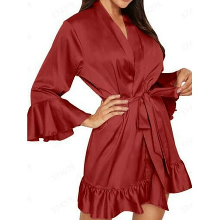 

Frontwalk Ladies Sleepwear Solid Color Nightwear 3/4 Sleeve Sleep Robe Women Casual Lingerie V Neck Wine Red XL