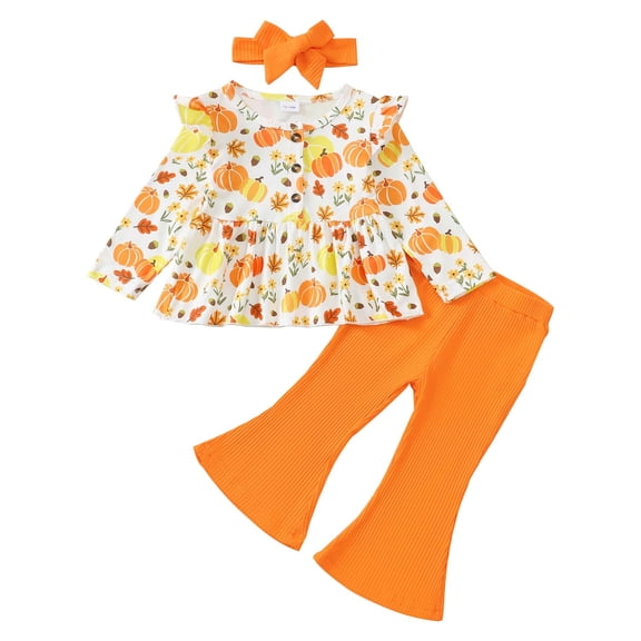 KIMI BEAR 18 Months Infant Baby Girls Outfit Set 24 Months Clothes Ruffle Long Sleeves Pumpkin Print Pullover Top Solid Color Flared Pants with Headband 3pcs Clothing Orange 18-24M