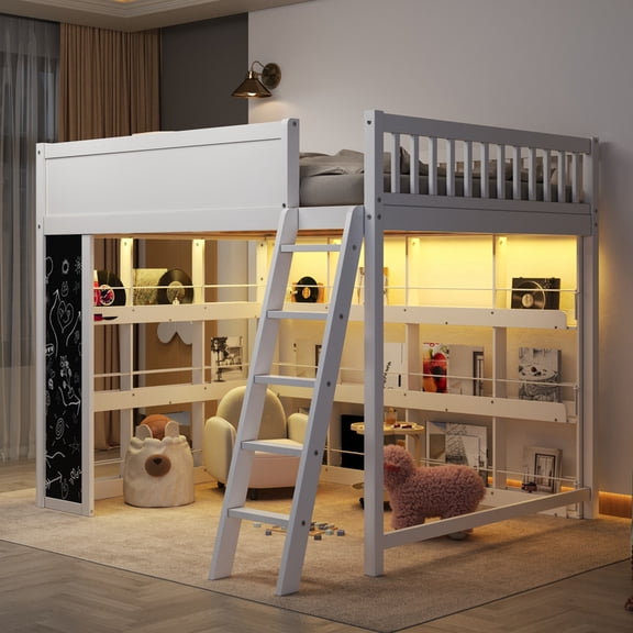 Euroco Queen Size Loft Bed with Bookcase, Wood Bed with Shelves, LED Light and Chalkboard Panel, White