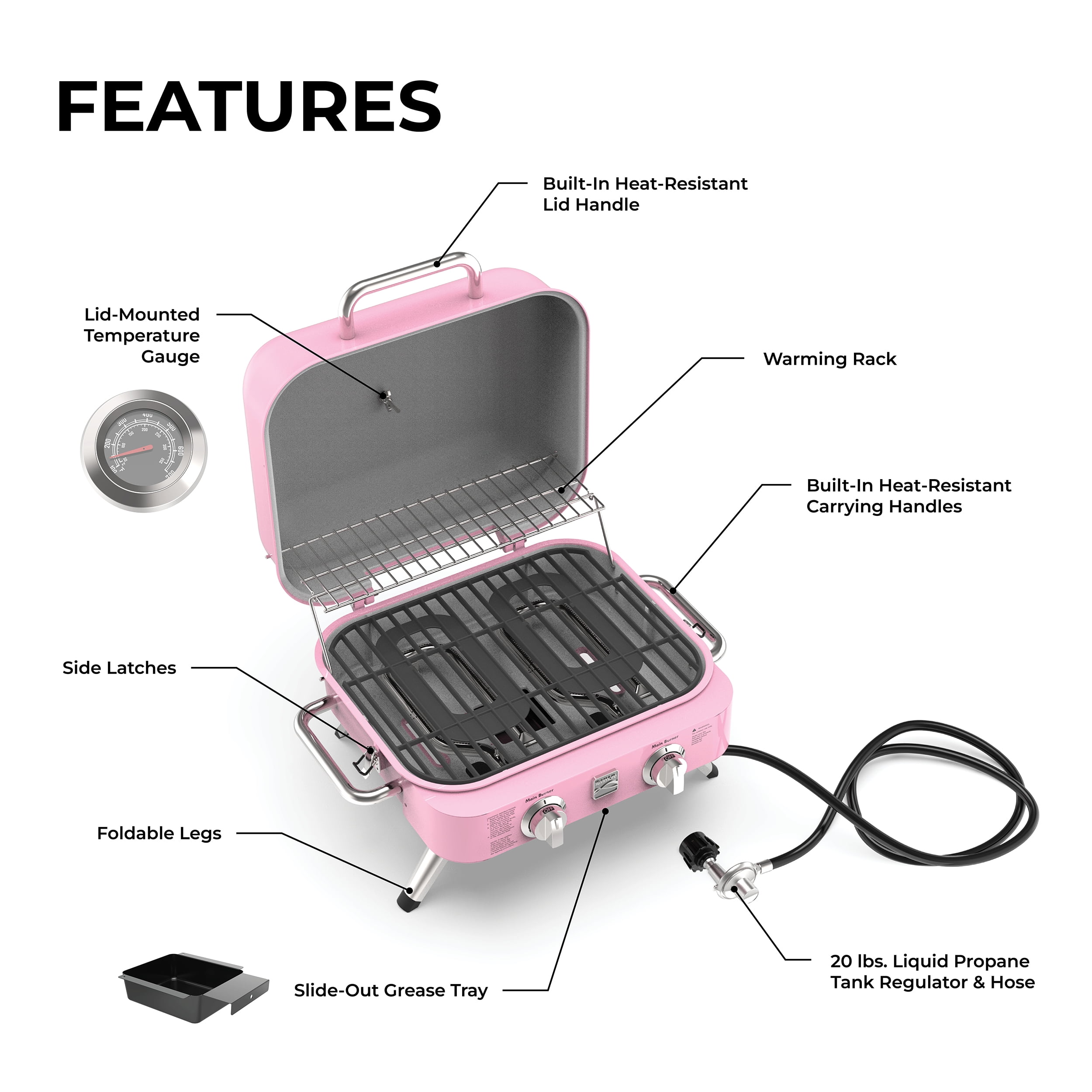 Kenmore 2-Burner Portable Tabletop Retro Gas Grill, Pink