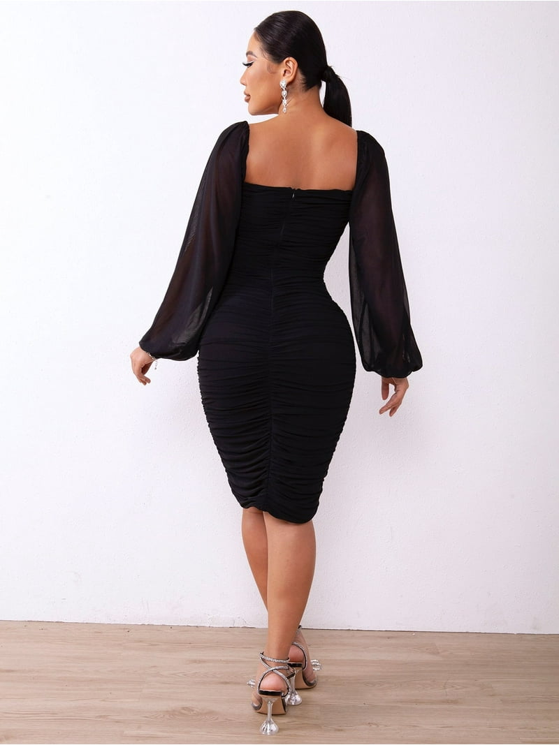 knee length dresses for ladies Ruched Sleeves Bodycon Dress