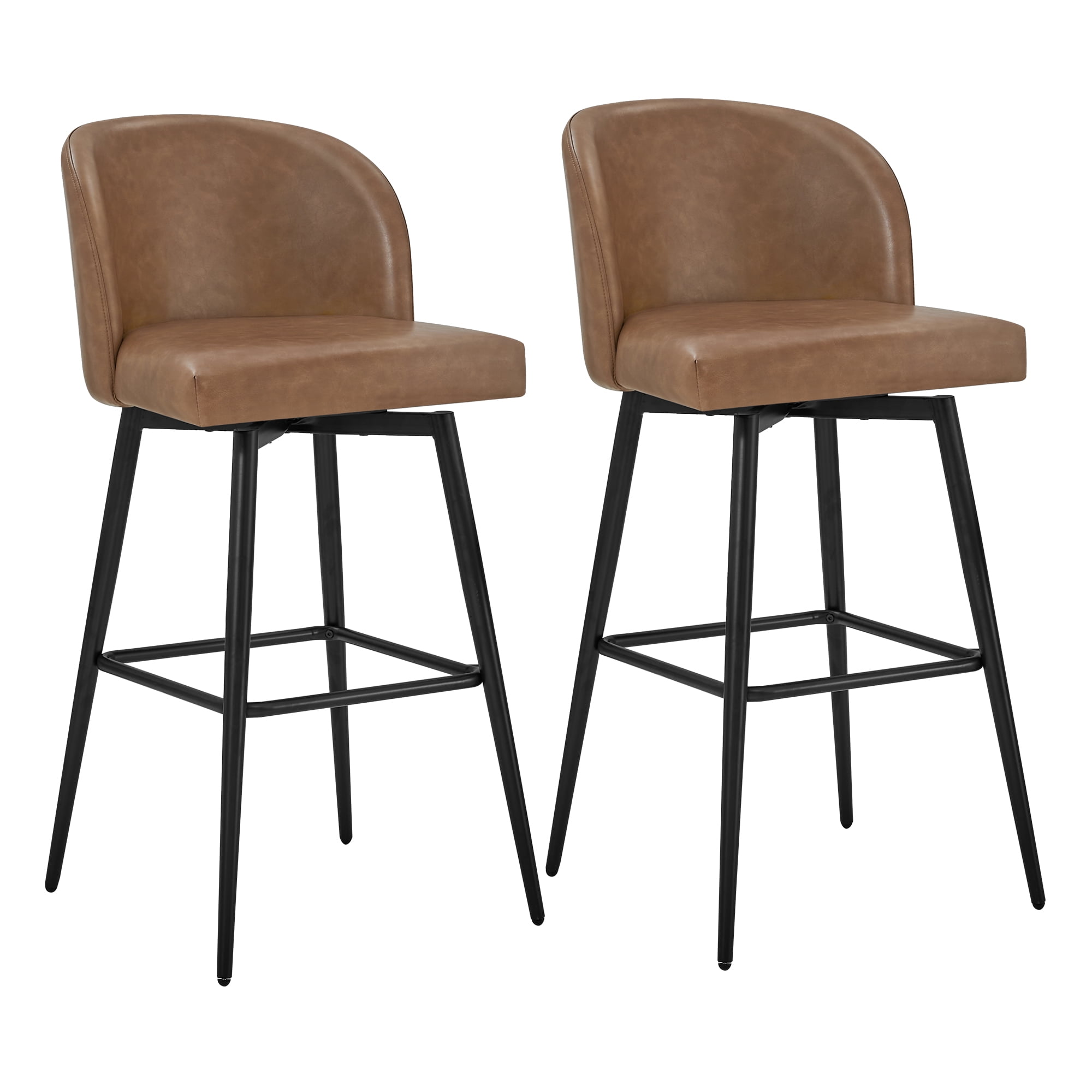 Spruce & Spring Bar Height Swivel Barstool with Metal Legs Set of 2, Saddle Brown, Faux Leather