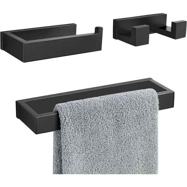 3 Pieces Matte Black Bathroom Hardware Accessories Set,SUS304 Stainless Steel Towel Holder Set Towel Holder Robe Hook Toilet Paper Holder Wall Mounted