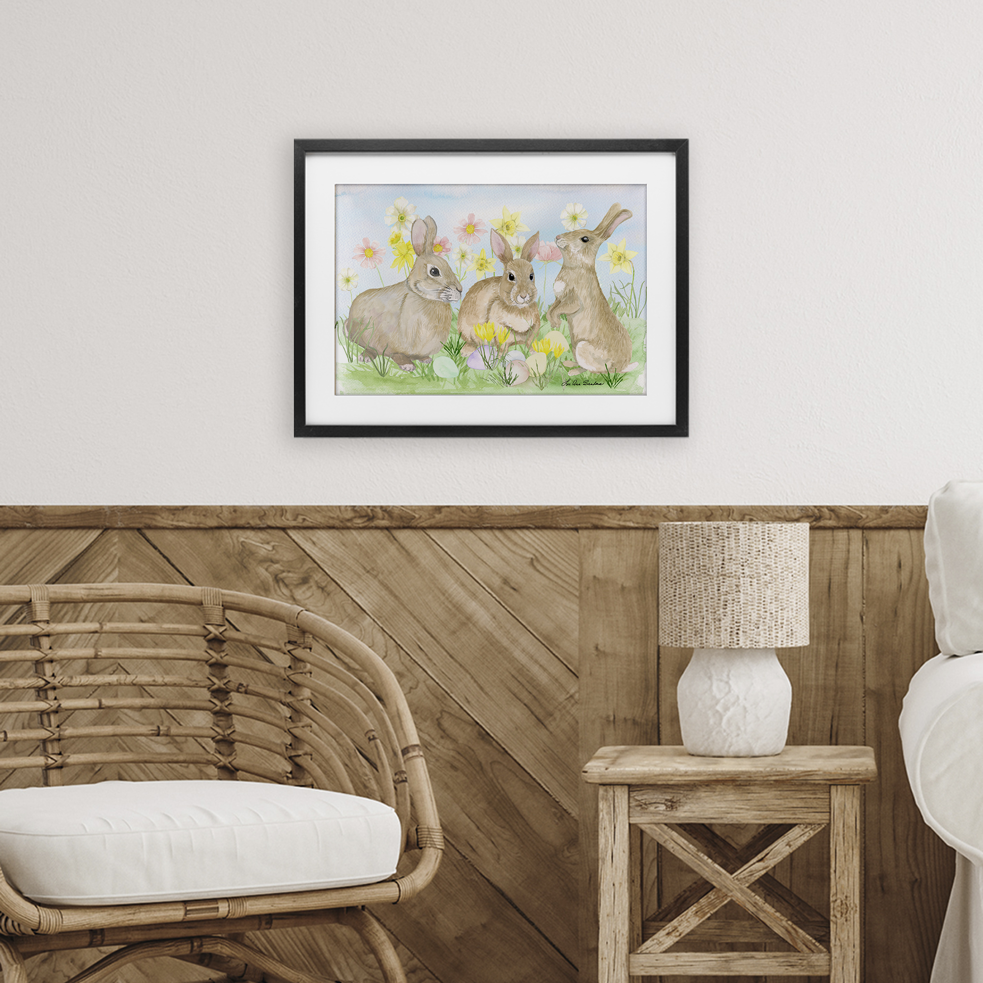 Three Bunnies In The Grass Black Framed Print Under Glass, design by Lee Ann Sanders