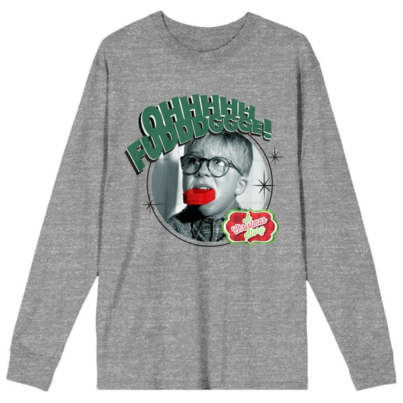 A Christmas Story Oh Fudge Women's Heather Gray Long Sleeve Crew Neck Tee-Medium