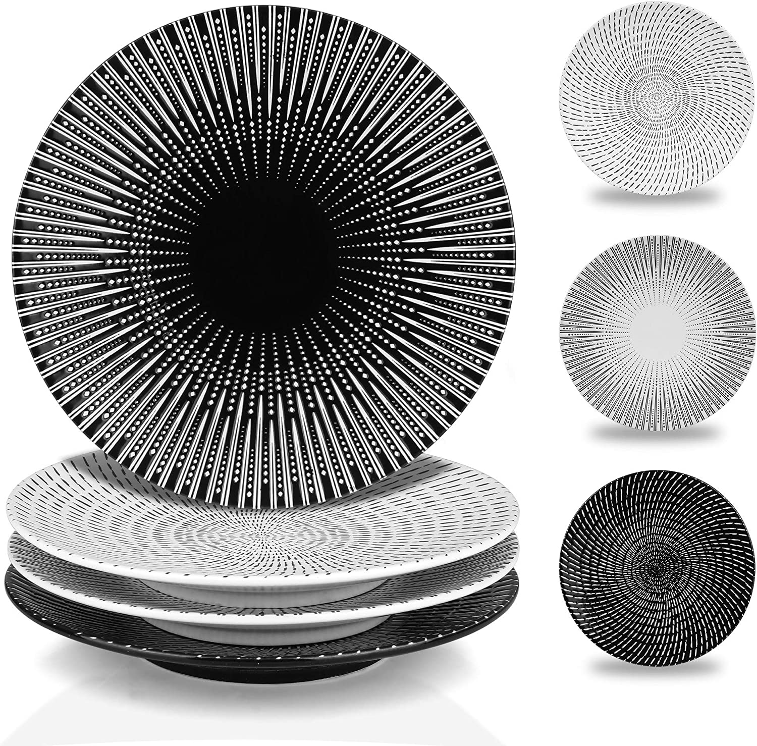 Creative Porcelain Dinner Plates Set - 4 Striped Patterns - Black and White - Perfect for Everyday Meals - Ideal Gift ()