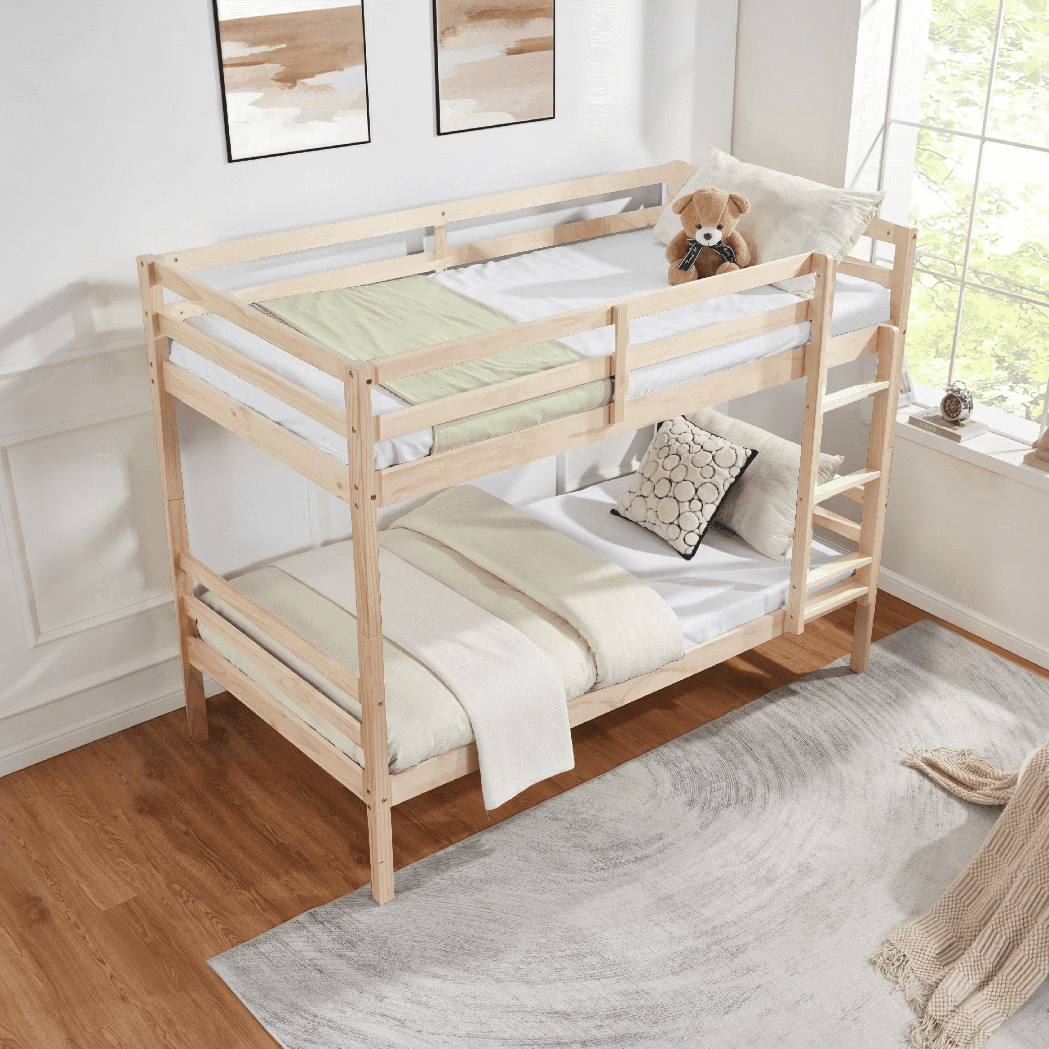 MAYEERTY Twin over Twin Bunk Bed with Ladder, Wooden Bed Frame with High Guardrail and Ladder for Kids, No Box Spring Needed, White