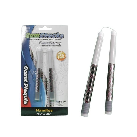 GumChucks Orthodontic Flossers Dental Floss - Floss for Braces - Brace Floss Picks - Gum Flossing Picks - Ortho Dental Flossers (Grey Argyle - Count Plaqula)