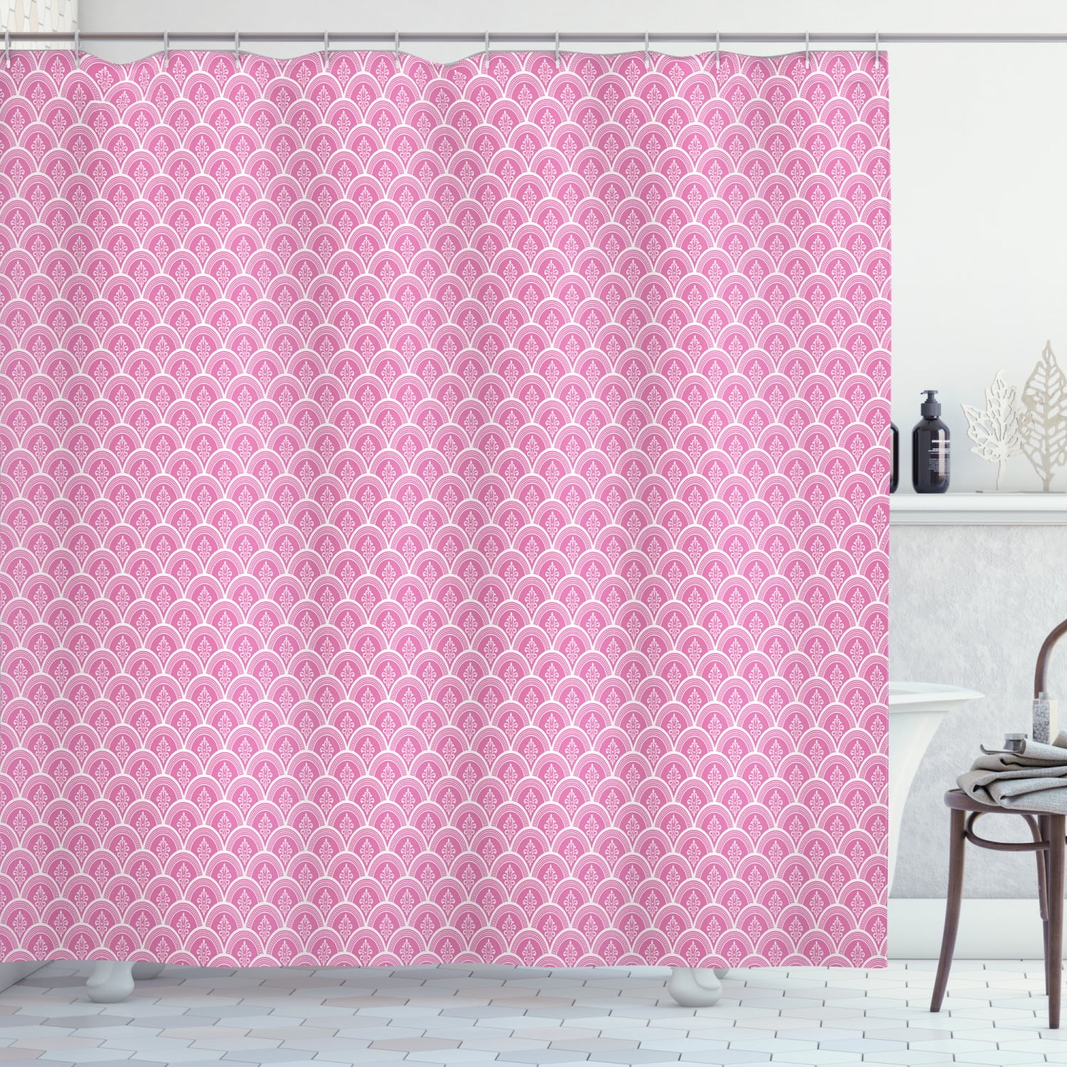 Baroque Shower Curtain, Monochrome Illustration with Damask Style Abstract Floral Motifs Inside