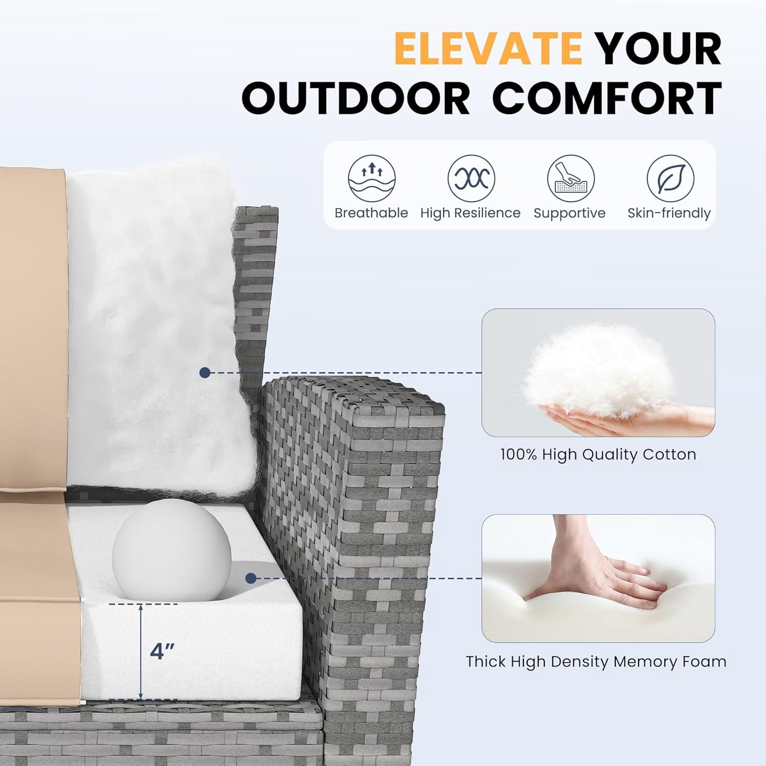 ELPOSUN Outdoor Cushions for Patio Furniture, 24x24 Outdoor Chair Cushions with Waterproof & Fade Resistant Cover, Deep Seat Replacement Patio Cushions with Adjustable Straps & Handle,Beige