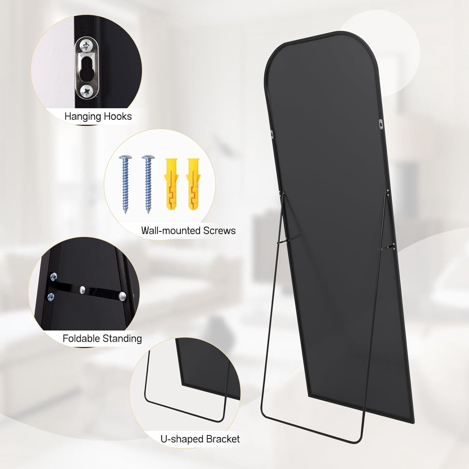Easy4Home 64"x21" Arched Full Length Mirror Metal Frame Freestanding Mirror Wall-Mounted, Black