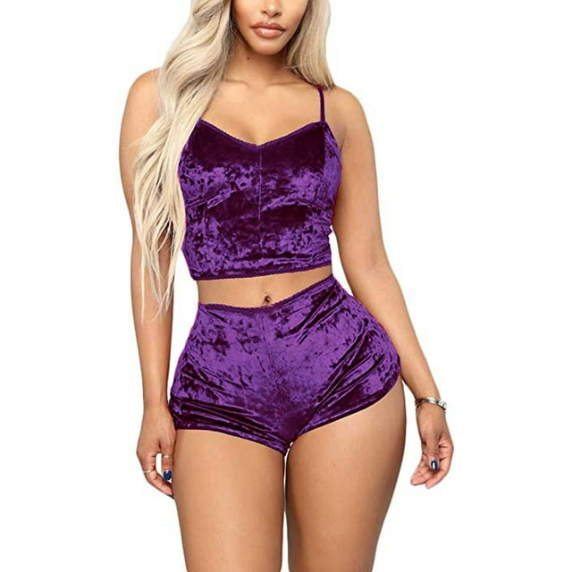 Women 2PCS Lingerie Set Slim Solid Sling Crop Top Short Elastic Band Pants