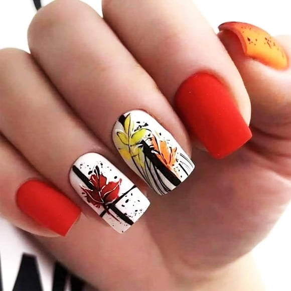 Stick on Nails AROVFAM Maple Leaf Fall Leaf, 24 unidades, para mujer