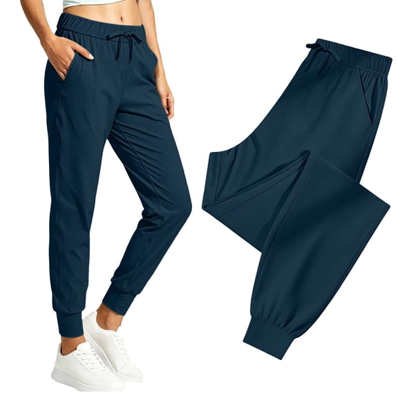 Oiangi Quick Dry Joggers with Pockets for Women Elastic Waist Cinch Bottoms Athletic Pants Fall Anti-Wrinkle Hiking Pant Navy M