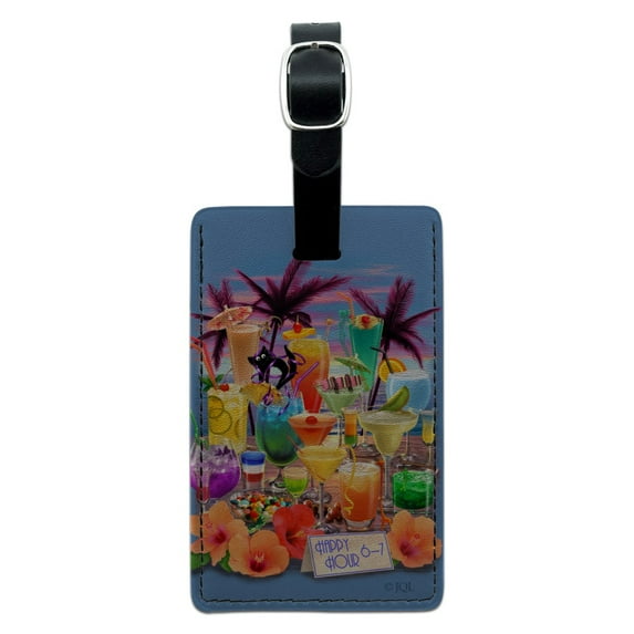 Tropical Vacation Happy Hour Beach Bar Drinks Rectangle Leather Luggage Card Suitcase Carry-On ID Tag
