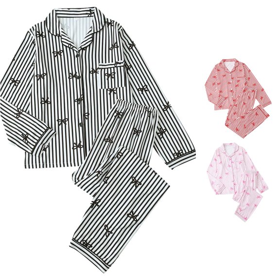 Ladies Bow Print Pajama Set Long Sleeve Top with Pants Two Piece Nightwear