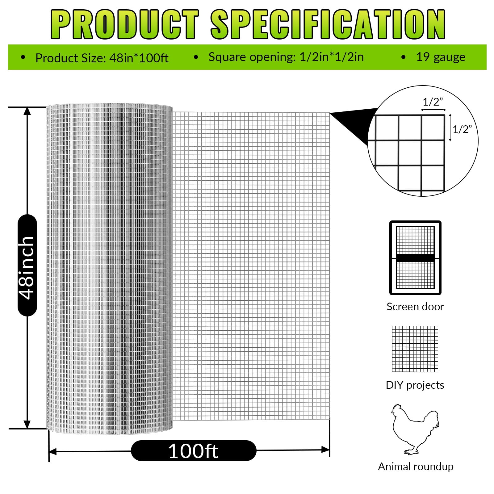 48in x 100ft Hardware Cloth 19 Gauge Galvanized Chicken Wire Mesh, Heavy Duty Welded Fence for Chicken Coop, Poultry, Animal Control and Garden Protection
