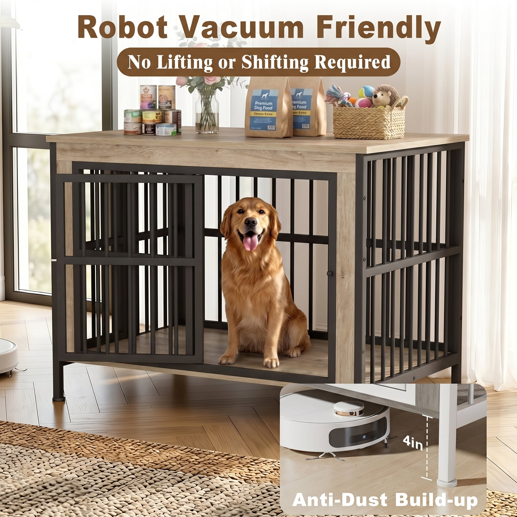 TIME RAY 44 Inch Dog Crate Furniture for Large Dog,Wood Dog Kennel Furniture Indoor with Removable Divider,Dog Cage Furniture as TV Stand,White
