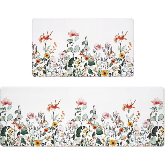 Spring Floral Kitchen Mats for Floor, Cushioned Anti-Fatigue Kitchen Rugs Non Slip, Wild Flowers Kitchen Rugs Sets of 2, Kitchen Floor Comfort Mats for Home & Office, 17'''' x 48'''' 17'''' x 30''''