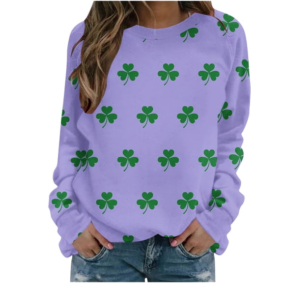 TKLPEHG St. Patrick's Day Sweatshirt for Women Green Shamrock Long Sleeve Tops Clovers Print Round Neck Pullover Tops (Purple,XXXL)