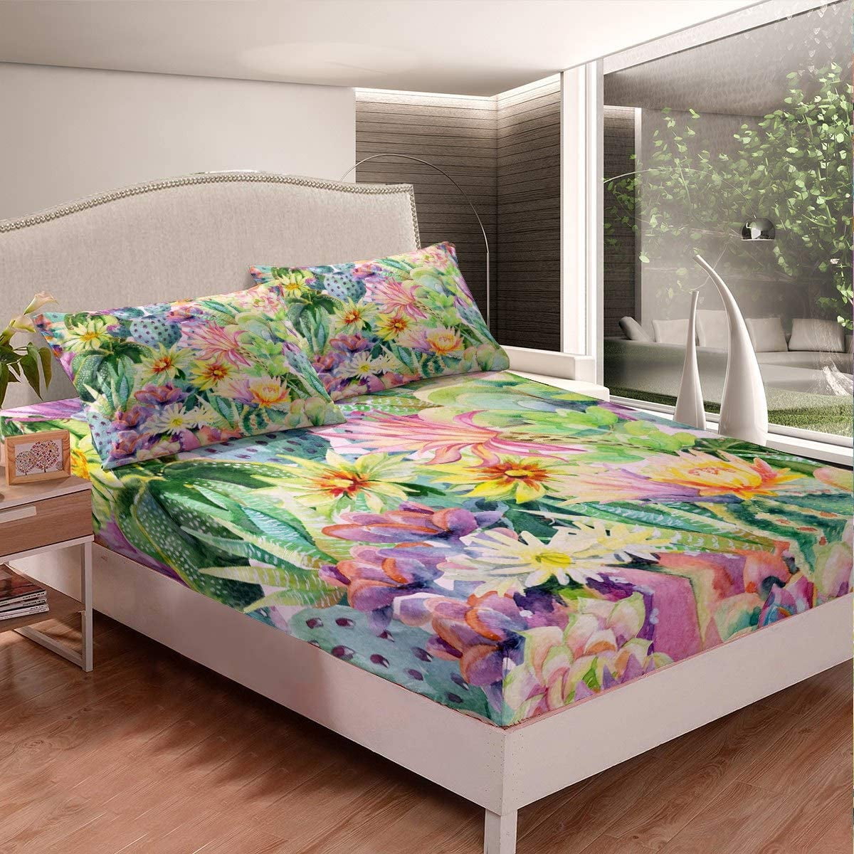 HHHC Botanical Bed Sheet Set Watercolor Cactus Floral Print Sheets for Girls Women Blossom Flowers Bedding Set Plants Nature Fitted Sheet Bedroom Collection 3Pcs Queen Size Walmart