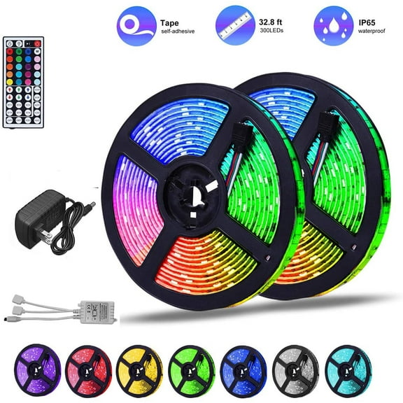 LED Strip Lights 32.8ft RGB Color Changing Lights Waterproof Flexible Tape 300 LEDs with 44 Keys IR Remote Controller and 12V Power Kit for Home, Bedroom, Kitchen,DIY Decoration