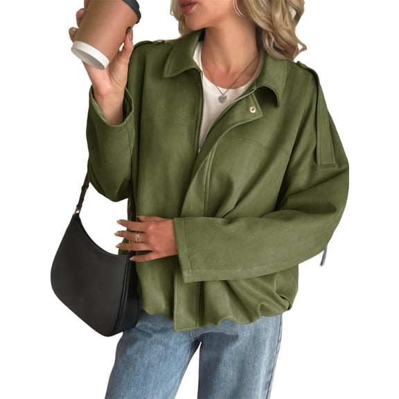 Long Sleeved Women Spring Fall Faux Suede Bomber Jackets Turn-down Collar Casual Lapel Zipper Jacket