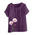 thumbnail image 4 of QUNYINEY Floral Women's T-Shirts Crew Neck Casual Short Sleeve Tops Loose Plus Size Cotton Linen Pullover Spring Tops for Women, 4 of 5