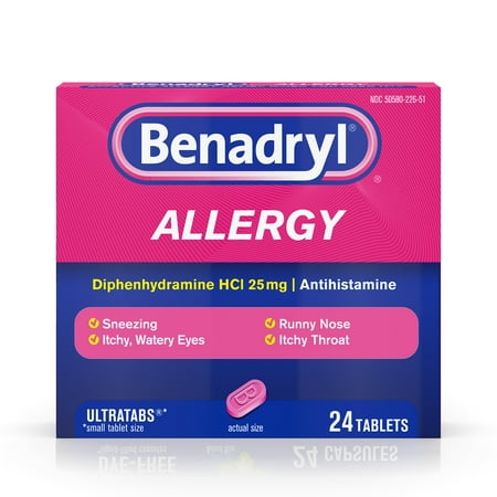 Benadryl Ultratabs Antihistamine Allergy Medicine, Diphenhydramine HCl Tablets, 24 ct