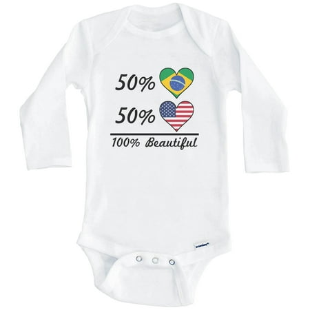 

50% Brazilian 50% American 100% Beautiful Brazil Flag Heart One Piece Baby Bodysuit (Long Sleeve) 3-6 Months White
