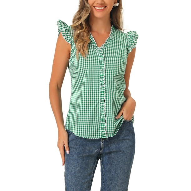 Camiseta de mujer con volantes de cuadros Gingham Inspire Chic para el Día de la Madre, cuello en V, manga corta, blusa a cuadros XL verde