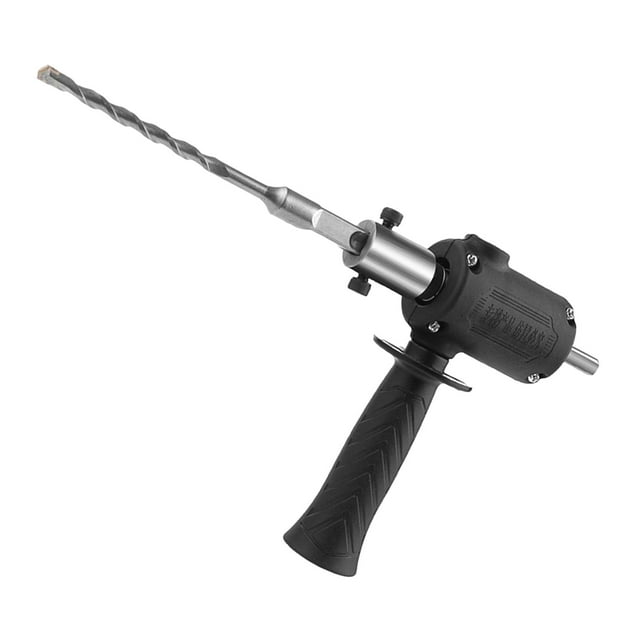 adaptador de taladro eléctrico zulema portátil accesorios de herramientas eléctricas profesionales negro, vista 3/4 con mango antideslizante de goma y cuerpo de acero al carbono; tornillos laterales sujetan la broca y se aprecia vástago hexagonal para taladro de percusión, medida aprox. 12.5 x 12 cm; suele usarse también para adaptar brocas SDS en remodelaciones ligeras.