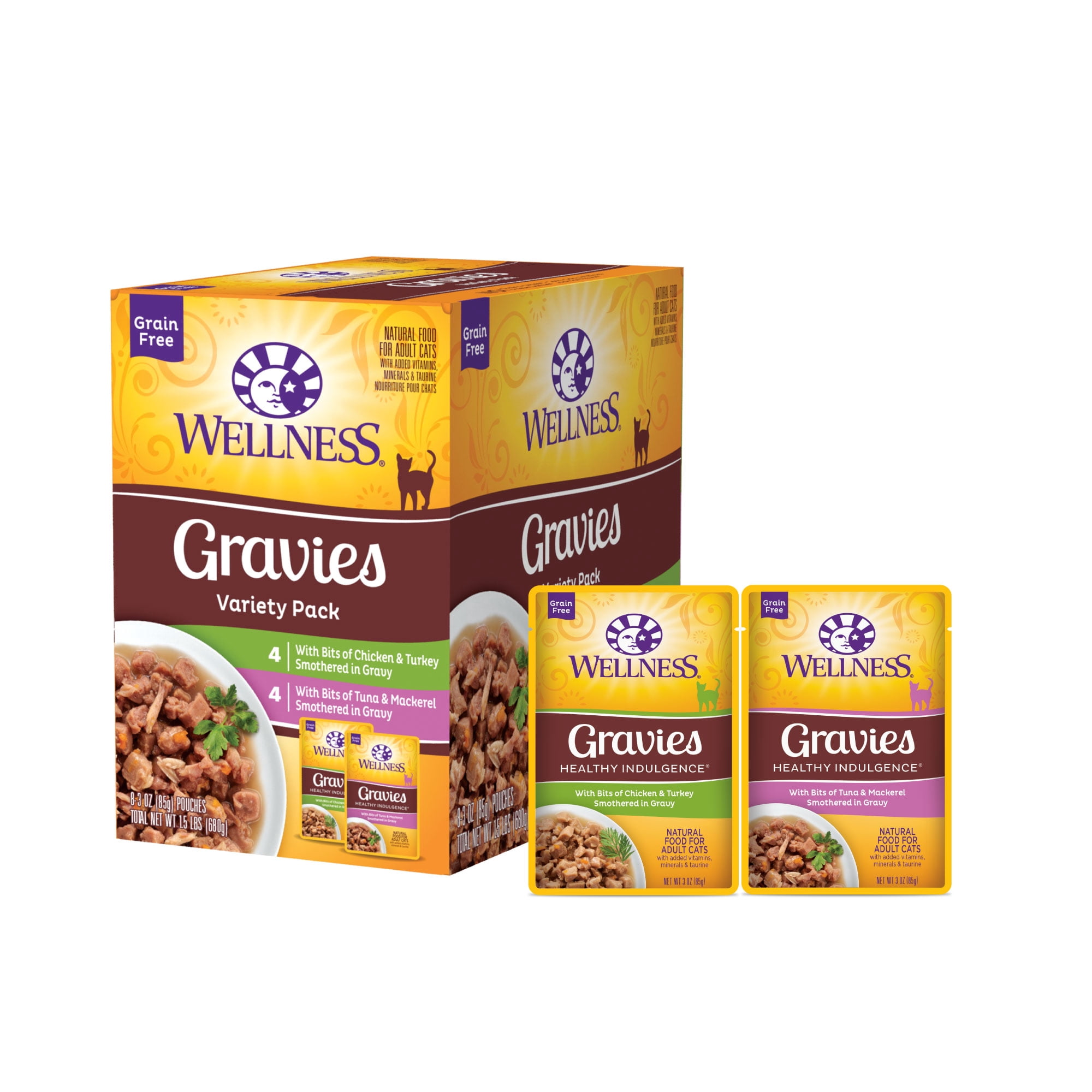 Wellness Healthy Indulgence Gravies Variety Pack Adult Wet Cat Food, Natural, Protein Rich, Grain Free, 2 Flavors, 3 oz, Pack of 8 Pouches