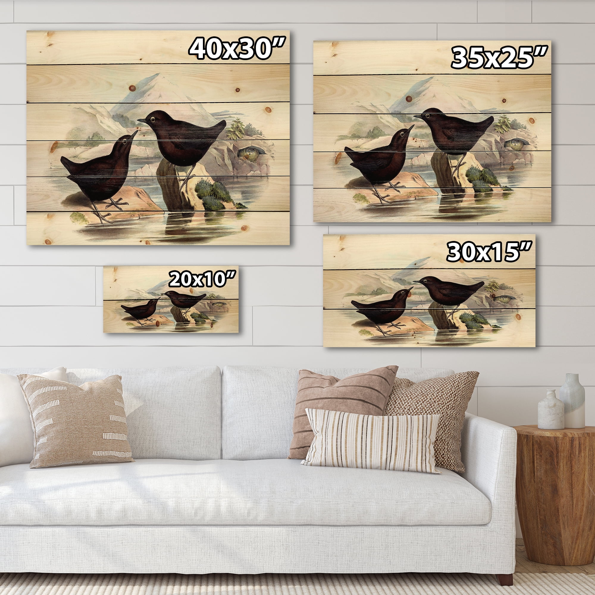 Designart 'Vintage Countryside Two Birds' Farmhouse Print on Natural Pine Wood