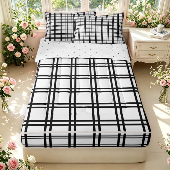 Manfei Modern Plaid Zipper Twin Comforter Sets with Fitted Sheet and 2 Pillowcases,Contemporary Checkered Zipper Bedding Set,White Black,Reversible,4pcs
