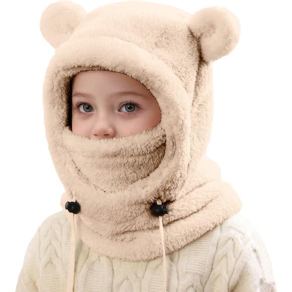 Cagoule de Ski en Polaire pour Enfants Garçons Filles Bonnet d'Hiver avec Foulard et Masque Coupe-Vent Chaud Ajustable avec Cordon de Serrage, Taille Unique-Kaki