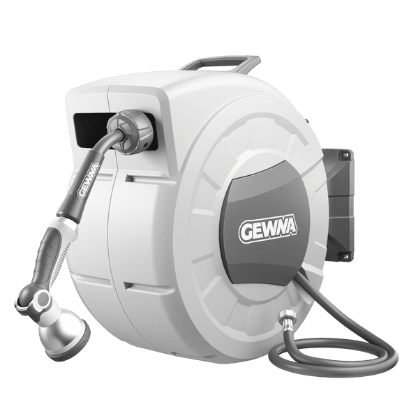 Gewna 1/2 in x 100 ft Retractable Wall Mounted Garden Hose Reel with 10 Pattern Nozzle, Any Length Lock, Slow Return System, 180°Swivel Bracket